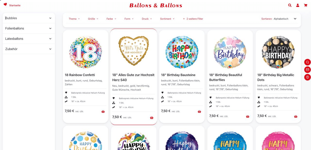 Eine Webseite mit einer Vielzahl von Ballons und Kerzen in Wien.