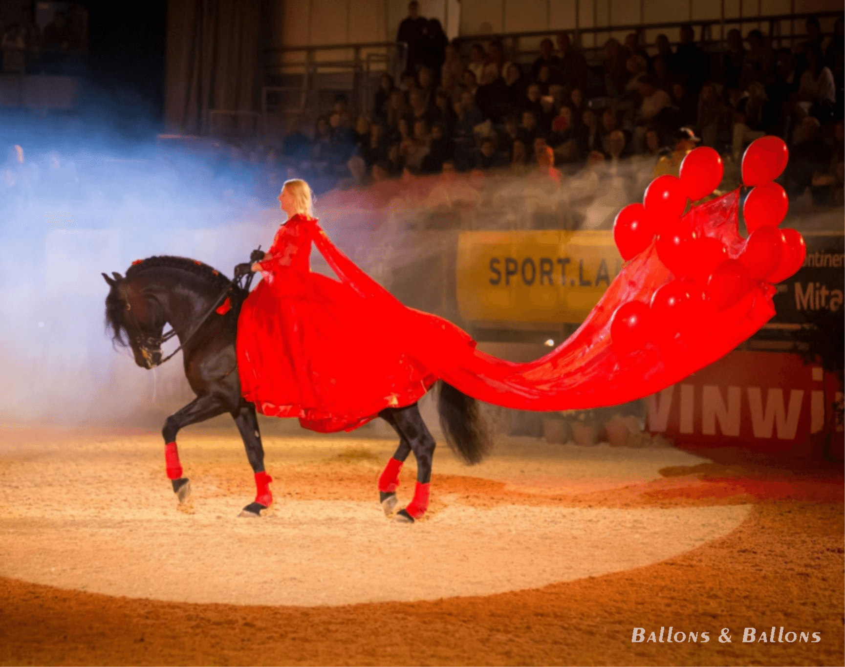Ein Mädchen reitet auf einem Pferd mit roten Bändern in Wien.