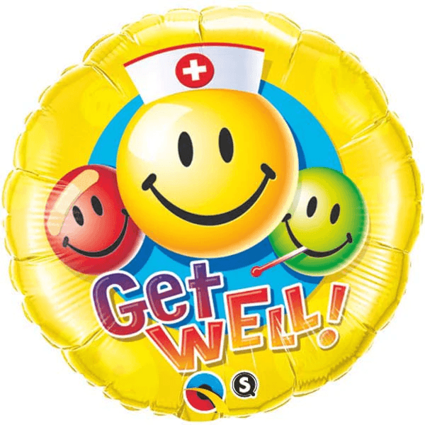 Ein gelber Smiley-Ballon mit der Aufschrift "Gute Besserung".